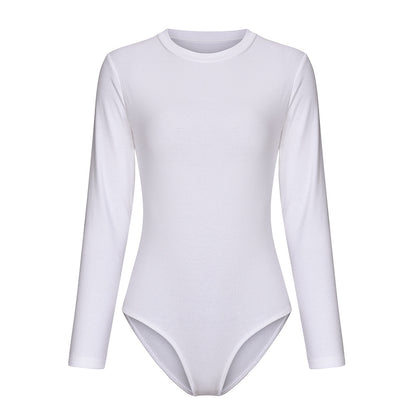 Bodysuit in Black or White with Crew Neck and Long Sleeves - white flat lay front