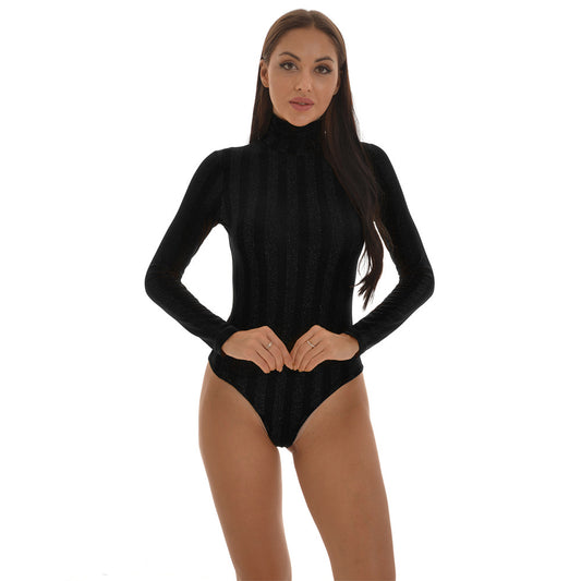 Bodysuit with Ribbed High Neck and Long Sleeves - black front view