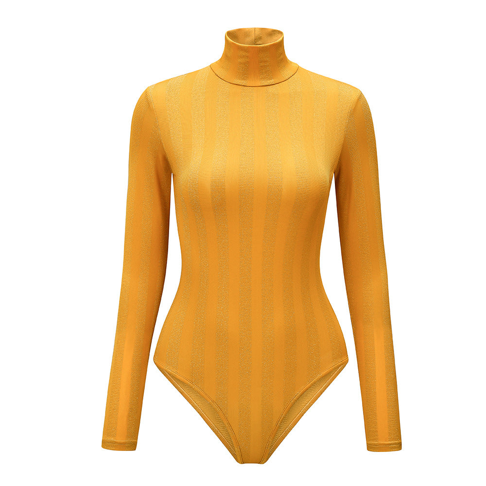 Bodysuit with Ribbed High Neck and Long Sleeves - mustard yellow flat lay rib texture