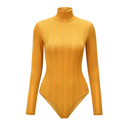Bodysuit with Ribbed High Neck and Long Sleeves - mustard yellow flat lay rib texture