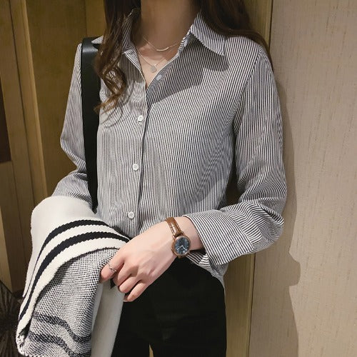 Pinstripe Long-Sleeve Shirt in Relaxed Fit - black front view