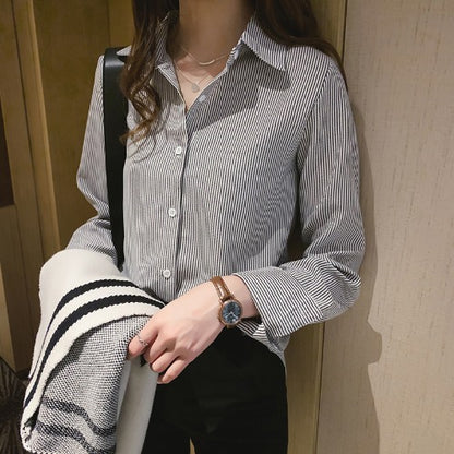 Pinstripe Long-Sleeve Shirt in Relaxed Fit - black front view