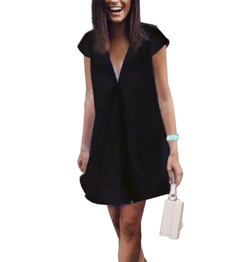 Mini Shift Dress with Deep V-Neck in Black or White - Black front view