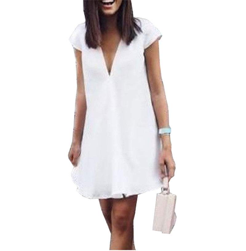 Mini Shift Dress with Deep V-Neck in Black or White - White front view