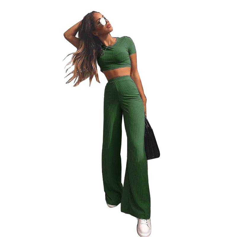 Ribbed Crop Top & Wide-Leg Trousers Two-Piece Set - Green, styled outfit