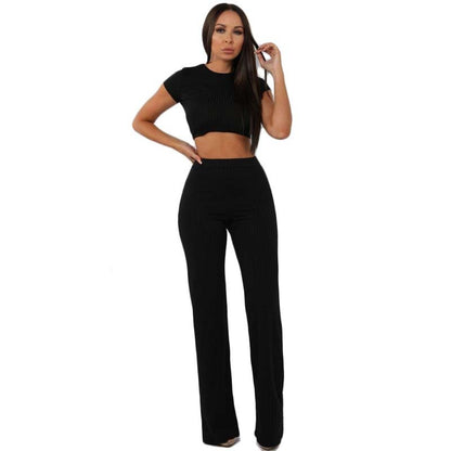 Ribbed Crop Top & Wide-Leg Trousers Two-Piece Set - Black, front view