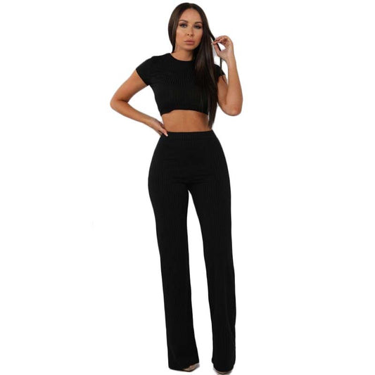 Ribbed Crop Top & Wide-Leg Trousers Two-Piece Set - Black, front view