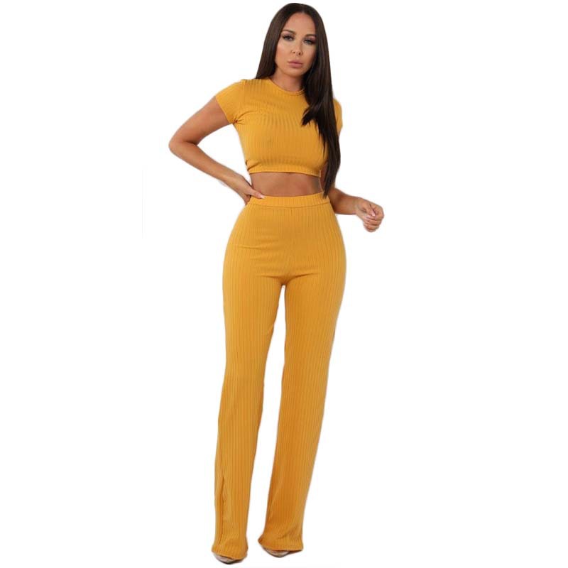 Ribbed Crop Top & Wide-Leg Trousers Two-Piece Set - Yellow, front view