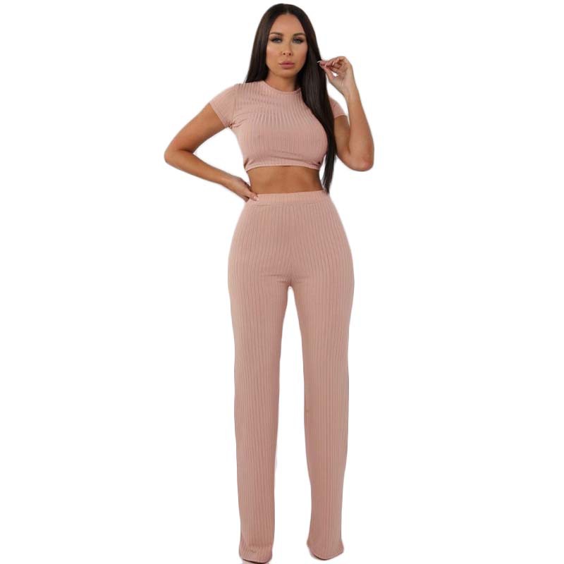 Ribbed Crop Top & Wide-Leg Trousers Two-Piece Set - Pink, front view