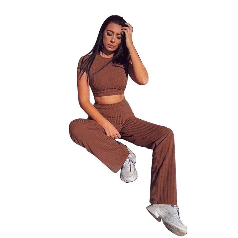 Ribbed Crop Top & Wide-Leg Trousers Two-Piece Set - Brown, lifestyle shot