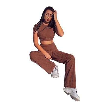 Ribbed Crop Top & Wide-Leg Trousers Two-Piece Set - Brown, lifestyle shot