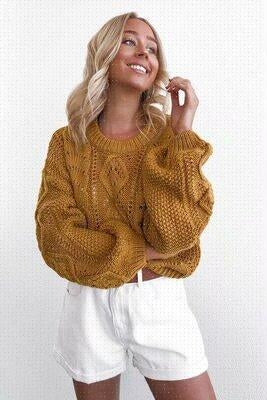 Jumper in Cream or Mustard Textured Cable Knit - mustard front outfit view