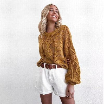 Jumper in Cream or Mustard Textured Cable Knit - mustard full-length angle