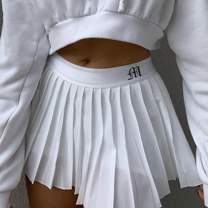 Mini Skirt in Pleated A-Line with Elastic Waist - white waistband detail