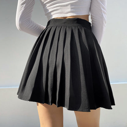 Mini Skirt in Pleated A-Line with Elastic Waist - black side and back view
