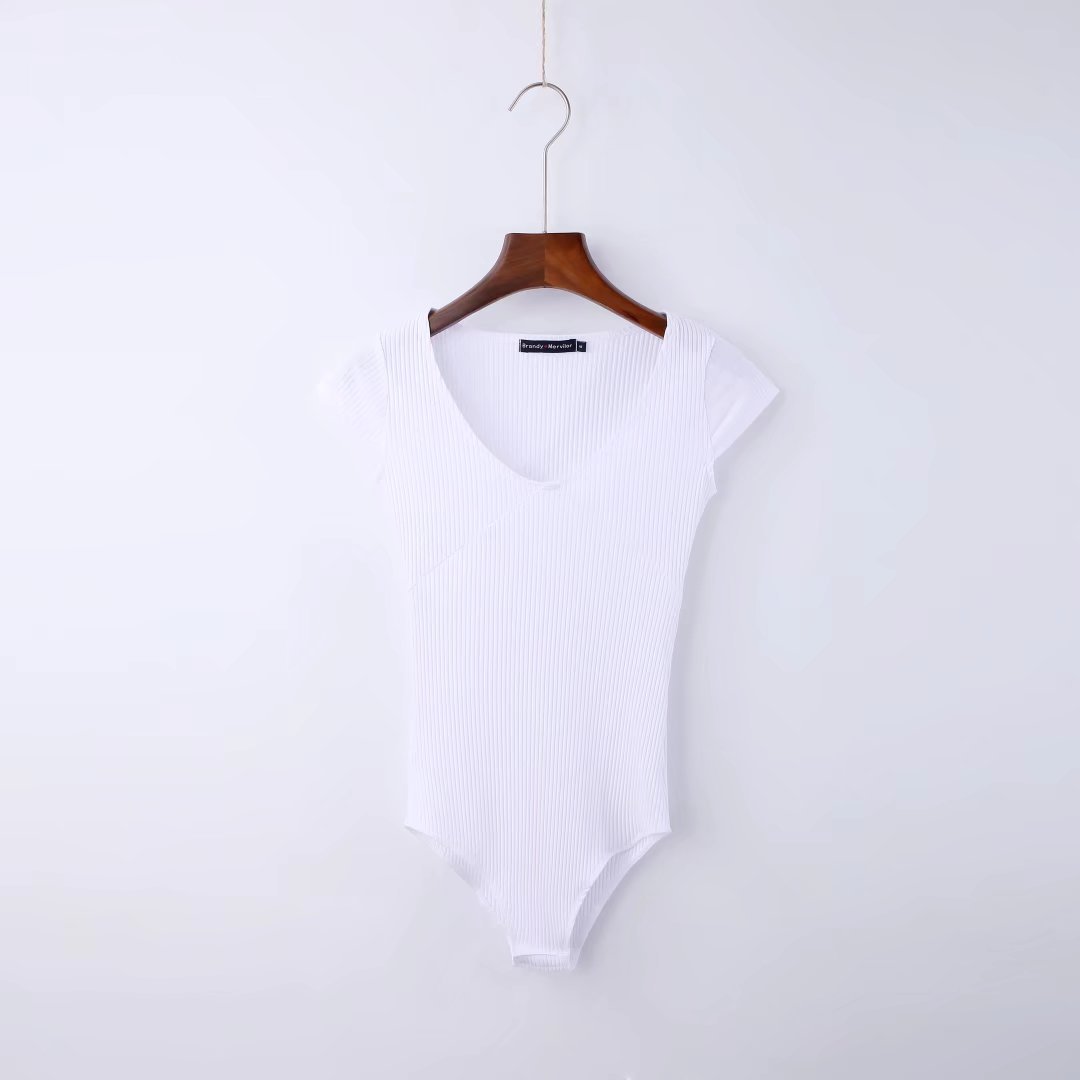 Bodysuit with Ribbed V-Neck and Cap Sleeves - white front view