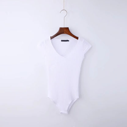 Bodysuit with Ribbed V-Neck and Cap Sleeves - white front view