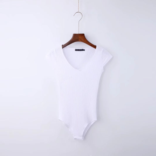 Bodysuit with Ribbed V-Neck and Cap Sleeves - white front view