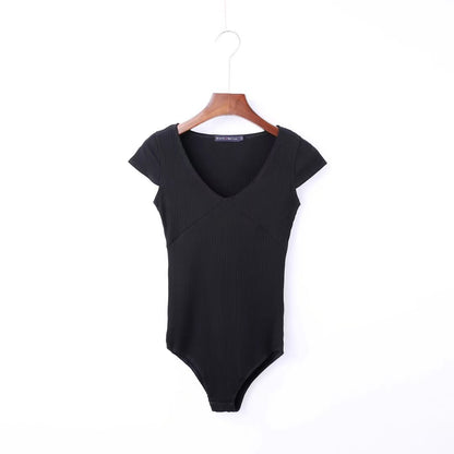 Bodysuit with Ribbed V-Neck and Cap Sleeves - black front view