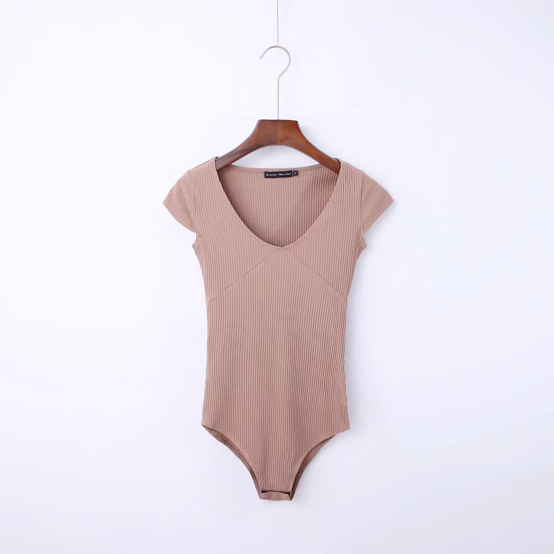 Bodysuit with Ribbed V-Neck and Cap Sleeves - khaki front view