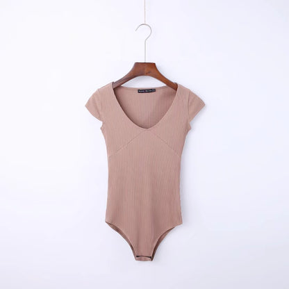 Bodysuit with Ribbed V-Neck and Cap Sleeves - khaki front view