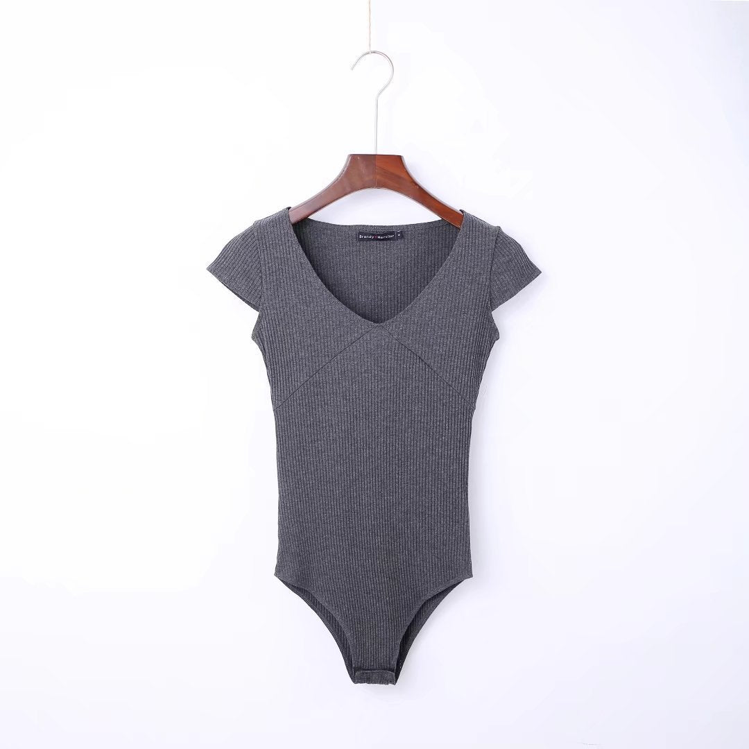 Bodysuit with Ribbed V-Neck and Cap Sleeves - gray ribbed front view