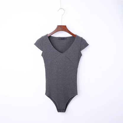 Bodysuit with Ribbed V-Neck and Cap Sleeves - gray ribbed front view