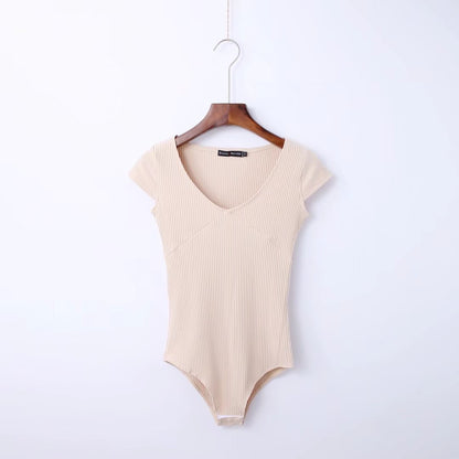 Bodysuit with Ribbed V-Neck and Cap Sleeves - apricot front view