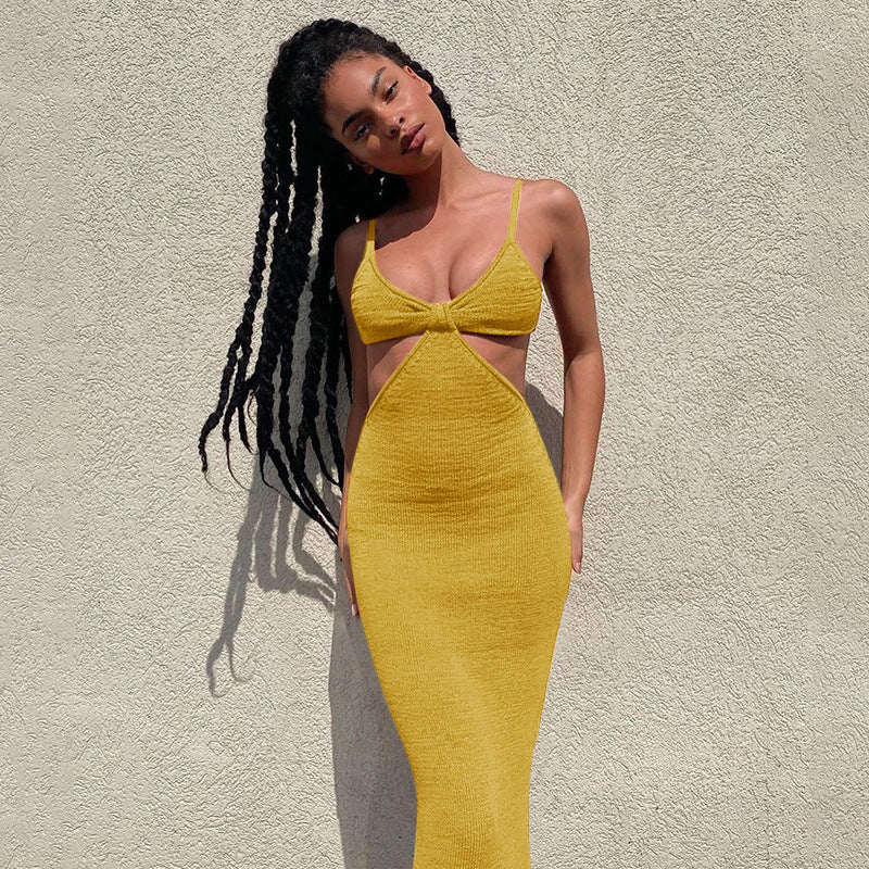 Maxi Dress with Twist Bust and Open Back - yellow full-length front view