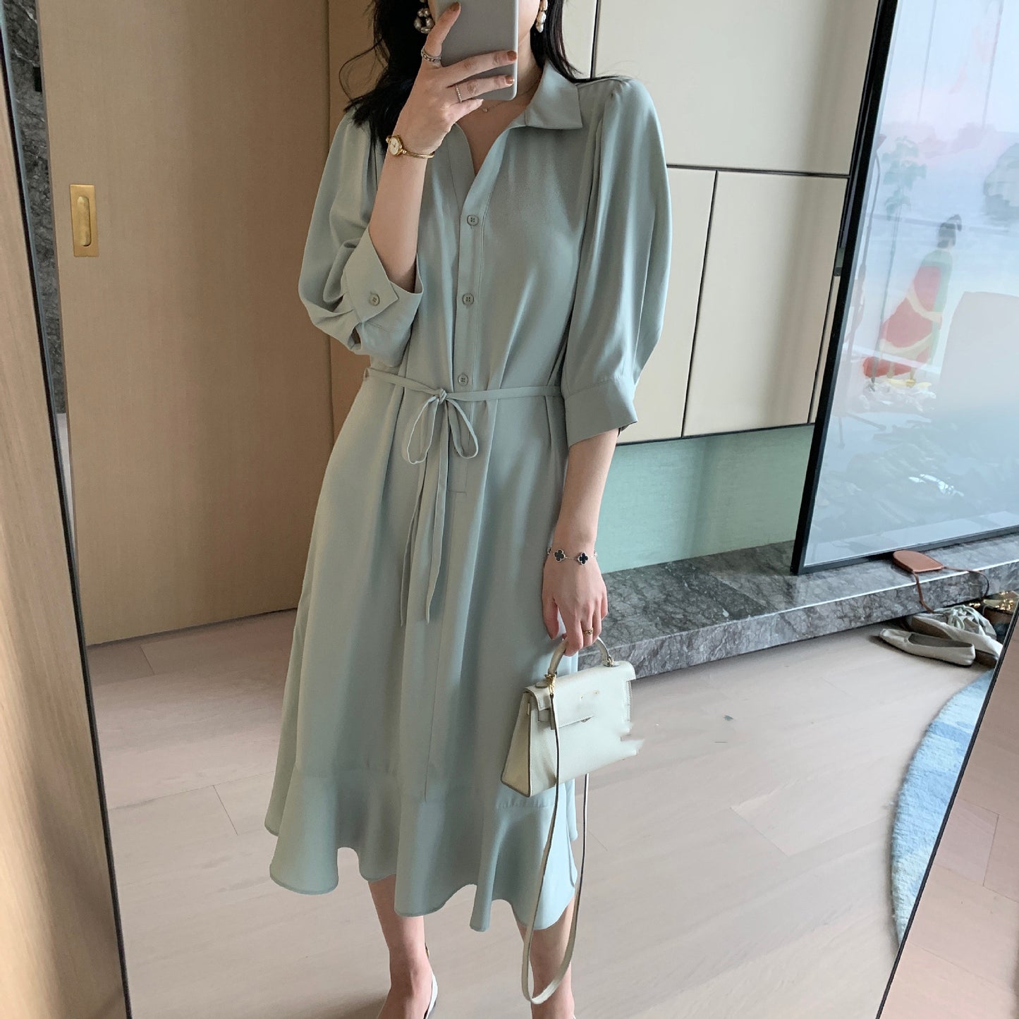 Midi Shirt Dress with Tie Waist and Fishtail Hem - sage green full-length mirror view