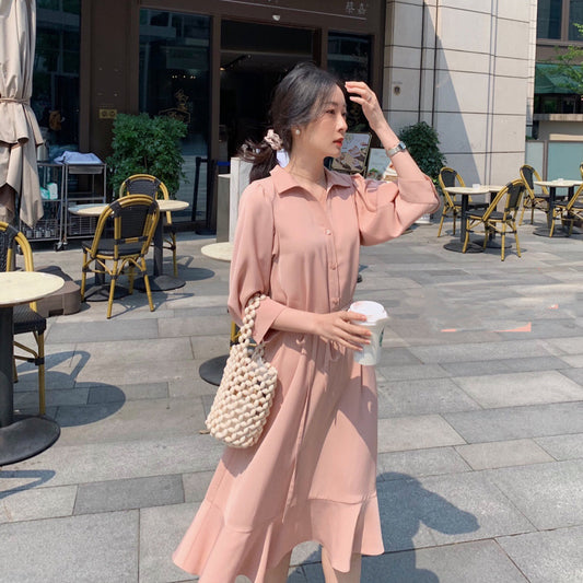 Midi Shirt Dress with Tie Waist and Fishtail Hem - dusty pink front view