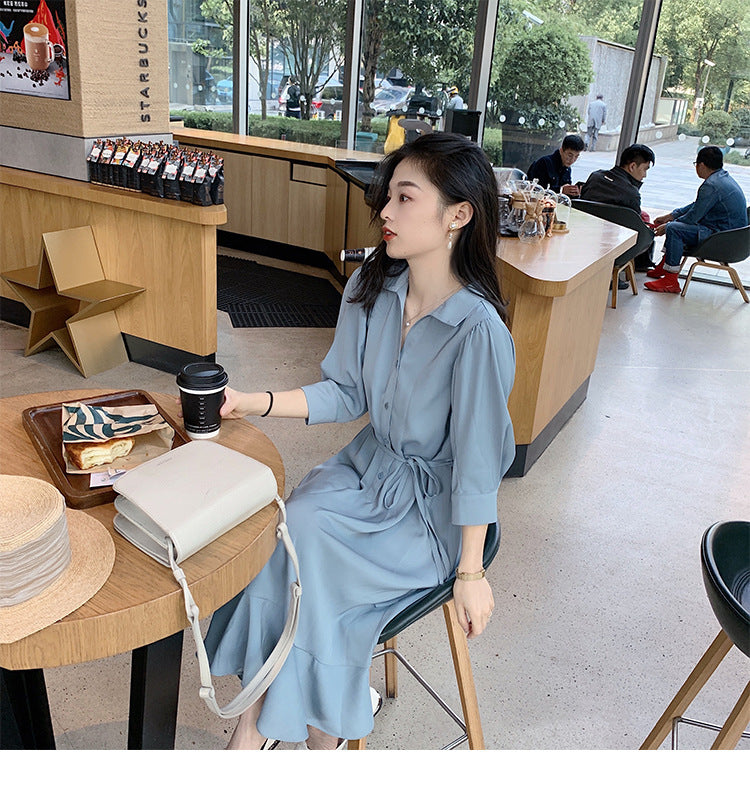 Midi Shirt Dress with Tie Waist and Fishtail Hem - soft blue seated side view