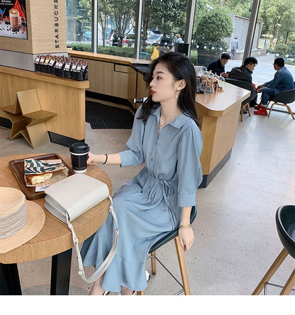 Midi Shirt Dress with Tie Waist and Fishtail Hem - soft blue seated side view