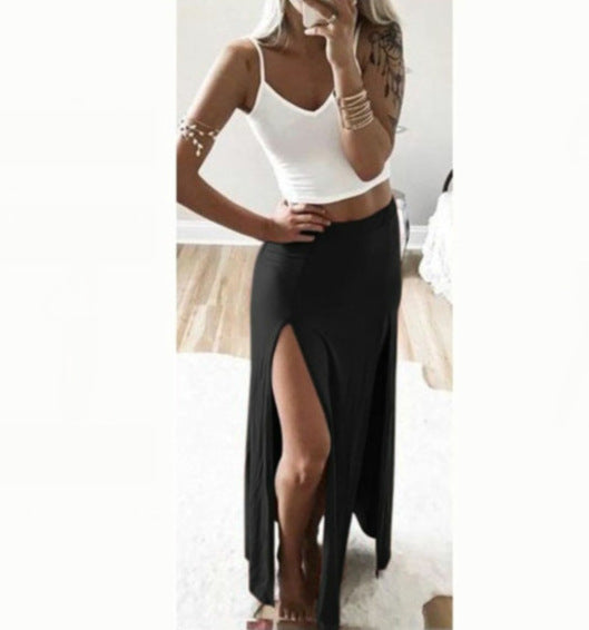Maxi Skirt with Double Front Slits in Black or Dusty Pink - black front view