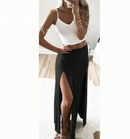 Maxi Skirt with Double Front Slits in Black or Dusty Pink - black front view