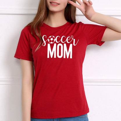 T-Shirt with Soccer Mom Graphic Print - Red front studio with white slogan