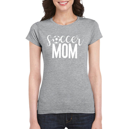 T-Shirt with Soccer Mom Graphic Print - Light grey front studio with white slogan