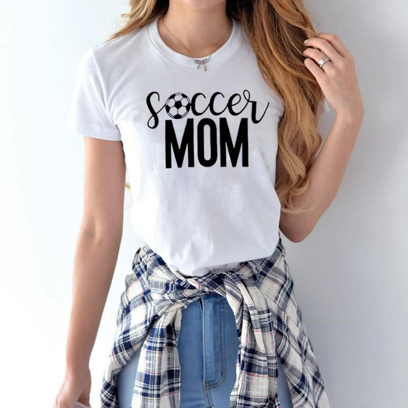 T-Shirt with Soccer Mom Graphic Print - White front styled with checked shirt