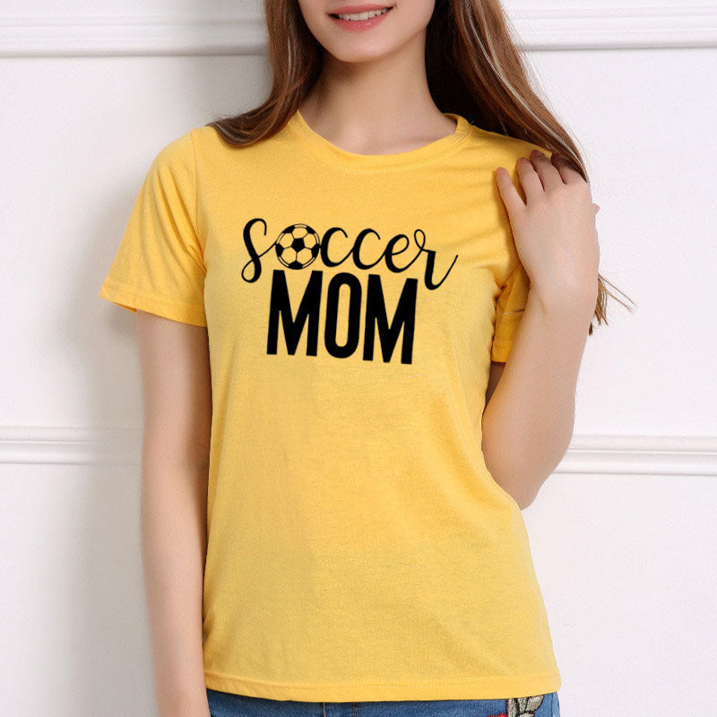 T-Shirt with Soccer Mom Graphic Print - Yellow front studio with black slogan
