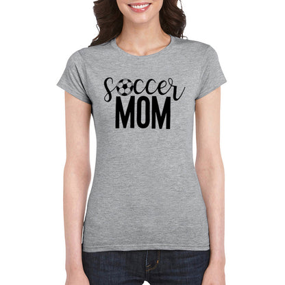 T-Shirt with Soccer Mom Graphic Print - Grey front studio with black slogan