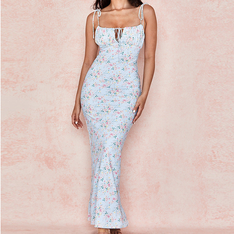 Maxi Dress in Multi-Colour Floral Print - powder blue floral front view