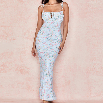 Maxi Dress in Multi-Colour Floral Print - powder blue floral front view