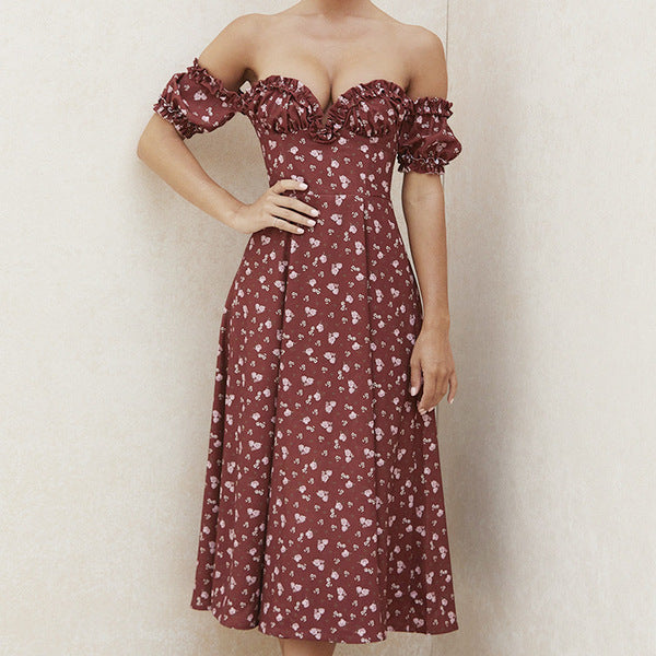 Maxi Dress in Multi-Colour Floral Print - wine red floral off-shoulder front
