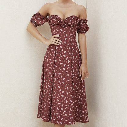 Maxi Dress in Multi-Colour Floral Print - wine red floral off-shoulder front