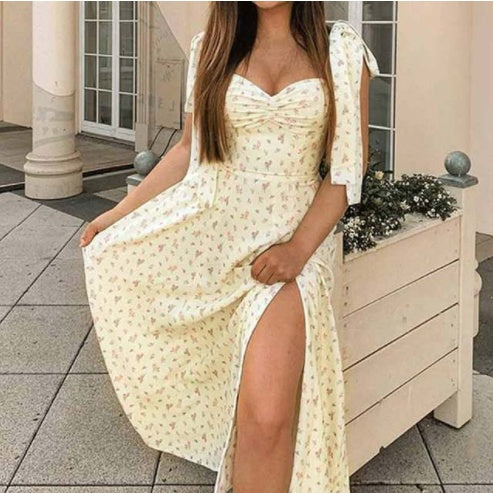 Maxi Dress in Multi-Colour Floral Print - soft yellow floral tie-strap front