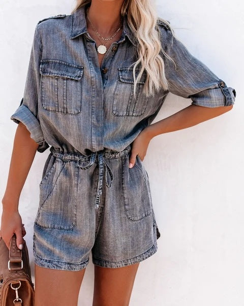 Playsuit in Washed Blue Denim with Drawstring Waist - washed blue front detail with chest pockets