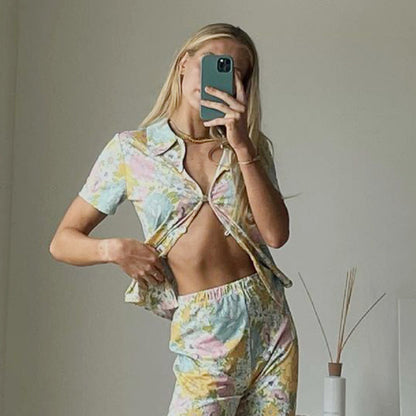 Floral Shirt & Bootcut Trouser Co-Ord Set in Pastel Tones - pastel floral shirt and waistband detail