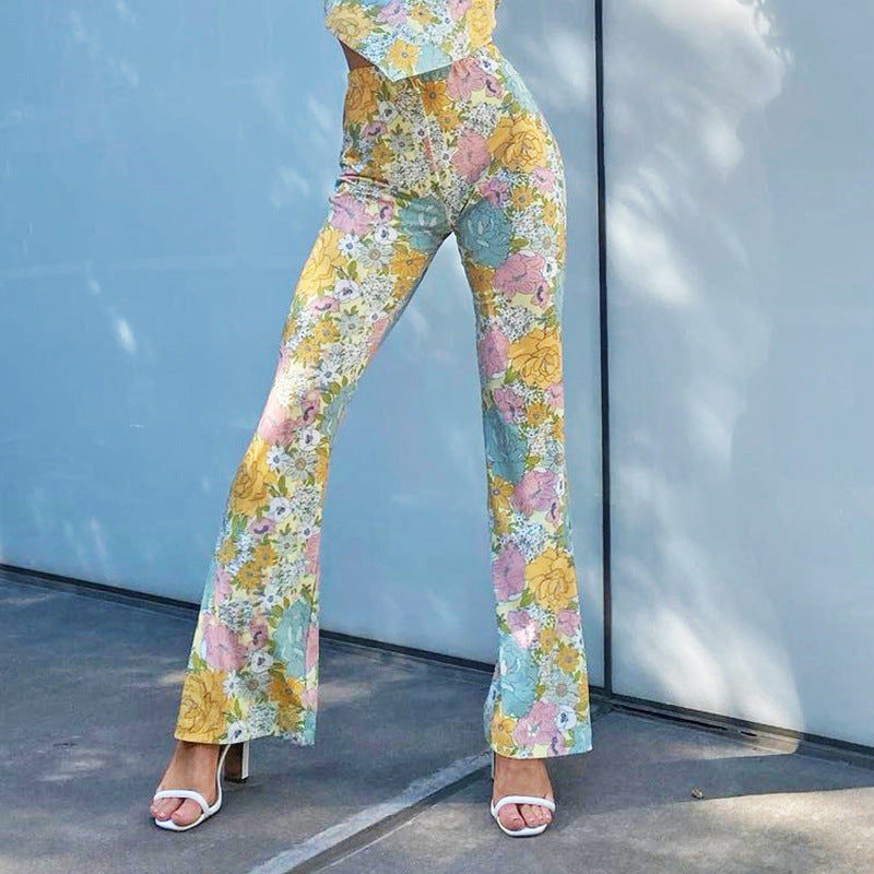 Floral Shirt & Bootcut Trouser Co-Ord Set in Pastel Tones - pastel floral bootcut trouser front view
