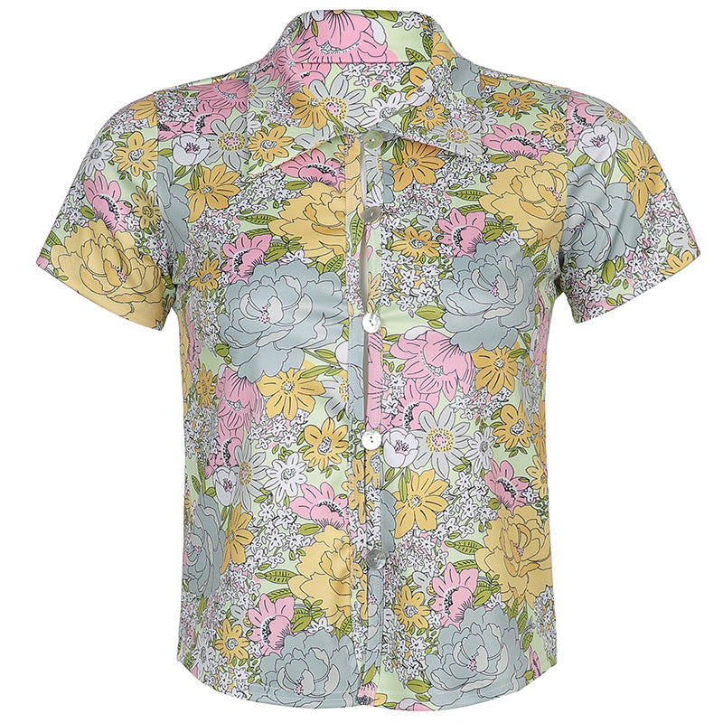 Floral Shirt & Bootcut Trouser Co-Ord Set in Pastel Tones - pastel floral shirt flat lay