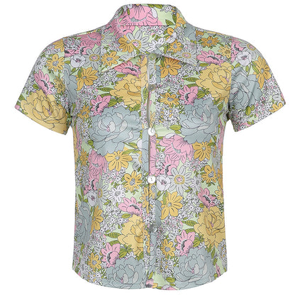 Floral Shirt & Bootcut Trouser Co-Ord Set in Pastel Tones - pastel floral shirt flat lay